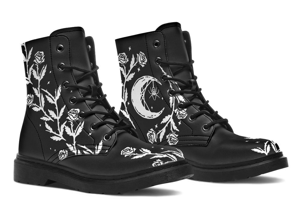 Black Widow Boots - Statement Boots Lace-up Black Combat Ankle Boots Bold Print Vegan Leather Festival Shoes