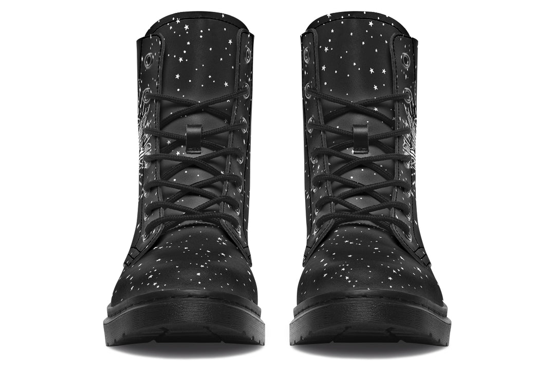 Astral Boots - Black Combat Lace-up Ankle Vegan Leather Statement Goth Festival Boots Witchy Style