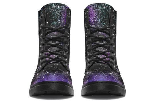Aurora Boots - Lace-up Black Combat Galaxy Print Vegan Leather Statement Cruelty-free Festival Goth Ankle Boots