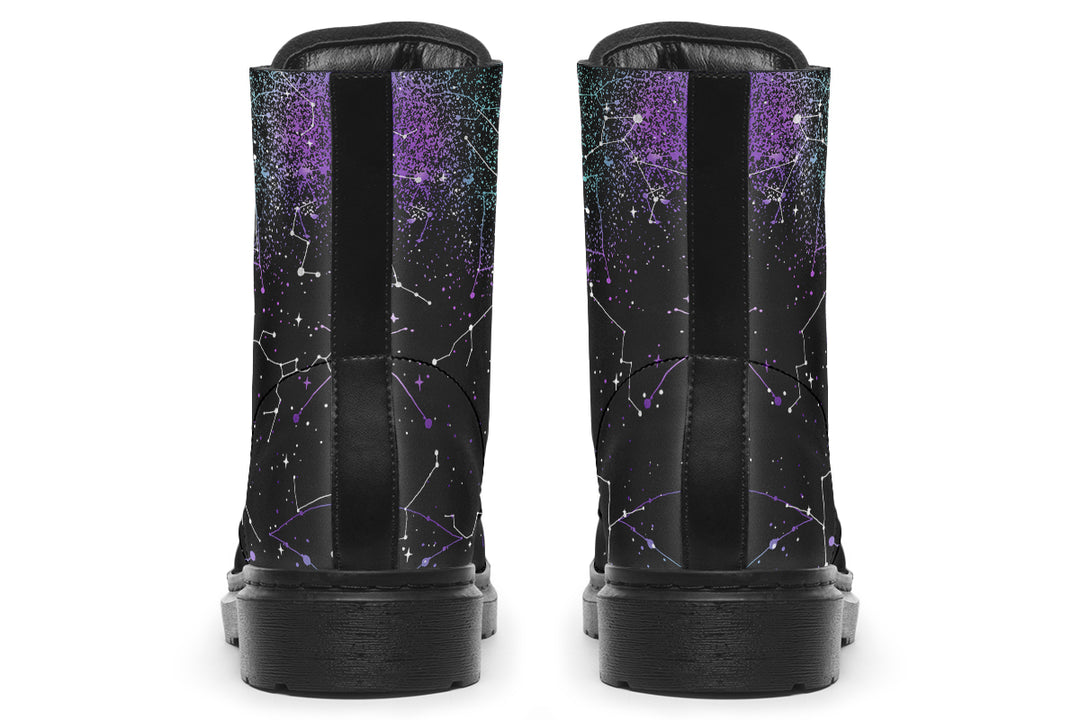 Aurora Boots - Lace-up Black Combat Galaxy Print Vegan Leather Statement Cruelty-free Festival Goth Ankle Boots