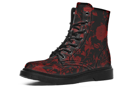 Blood Rose Romance Boots - Vegan Leather Doc-Style Boots with Durable Stitched on Soles