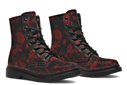 Blood Rose Romance Boots - Vegan Leather Doc-Style Boots with Durable Stitched on Soles