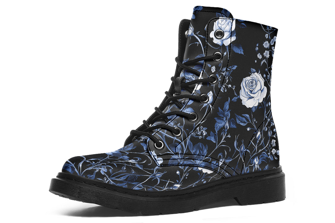 Blue Rose Romance Boots - Vegan Leather Doc-Style Boots with Durable Stitched on Soles