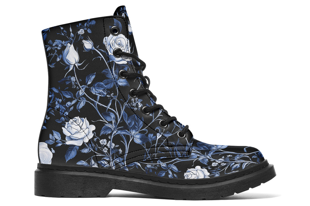 Blue Rose Romance Boots - Vegan Leather Doc-Style Boots with Durable Stitched on Soles