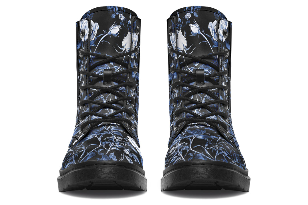 Blue Rose Romance Boots - Vegan Leather Doc-Style Boots with Durable Stitched on Soles