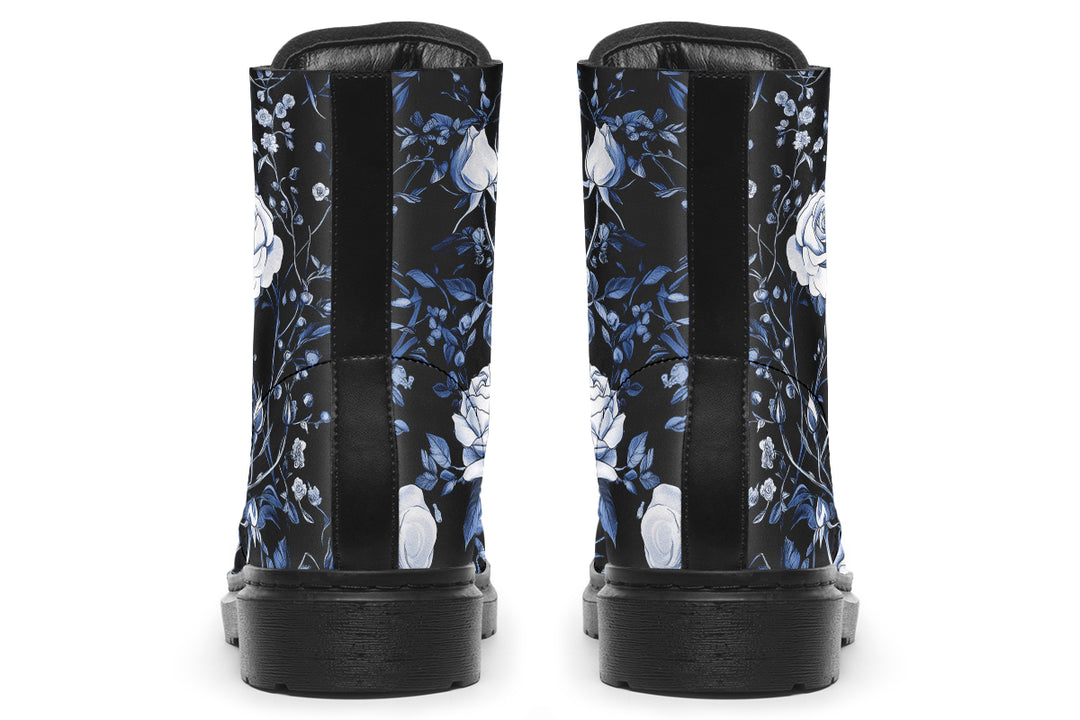 Blue Rose Romance Boots - Vegan Leather Doc-Style Boots with Durable Stitched on Soles