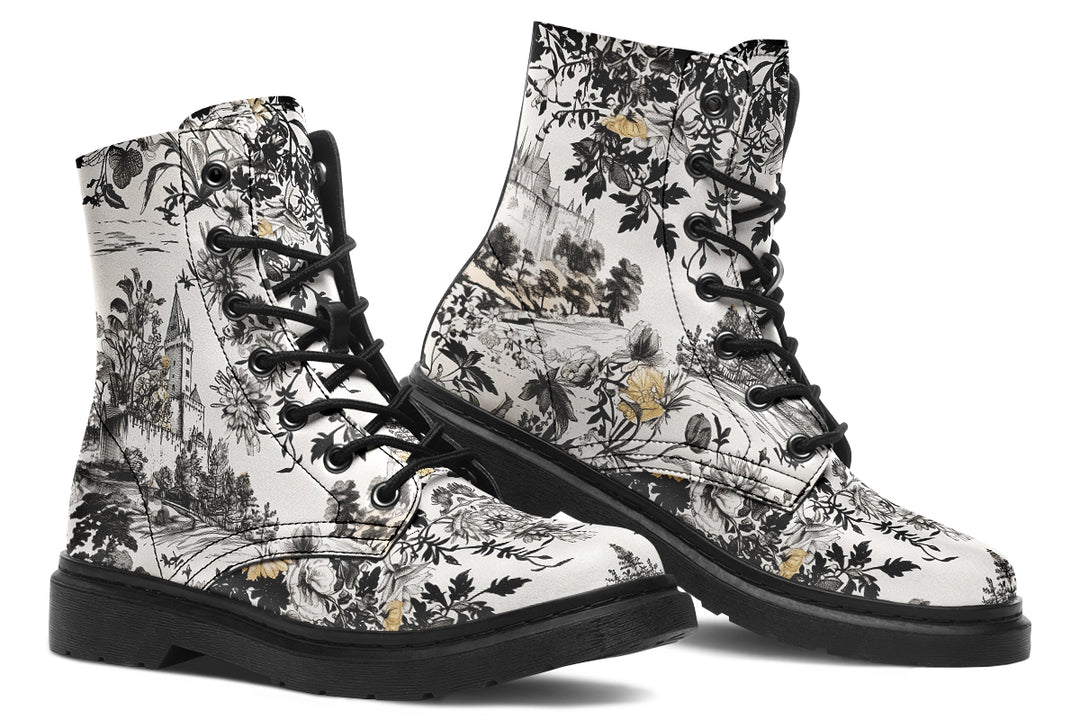 Castle in Bloom Boots - Vegan Leather Doc-Style Boots with Durable Stitched on Soles