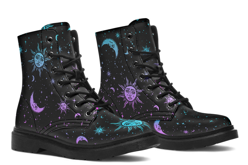 Celestial Pastel Boots - Galaxy Print Boots Vegan Leather Lace-Up Ankle Combat Festival Goth Shoes