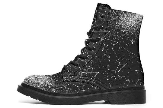 Constellation Boots - Galaxy Print Boots Vegan Leather Lace-up Ankle Black Combat Goth Festival Boots