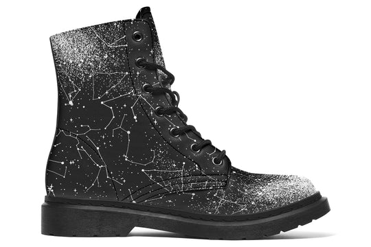 Constellation Boots - Galaxy Print Boots Vegan Leather Lace-up Ankle Black Combat Goth Festival Boots