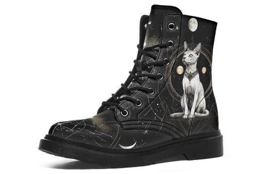 Cosmic Sphynx Cat Boots - Vegan Leather Doc-Style Boots with Durable Stitched on Soles