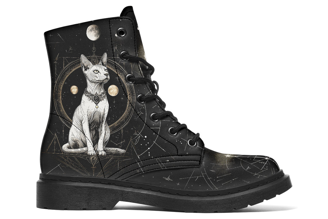 Cosmic Sphynx Cat Boots - Vegan Leather Doc-Style Boots with Durable Stitched on Soles