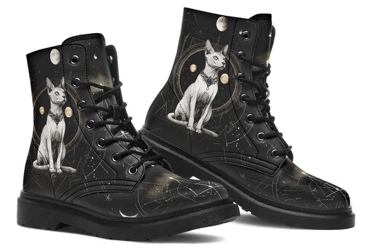 Cosmic Sphynx Cat Boots - Vegan Leather Doc-Style Boots with Durable Stitched on Soles