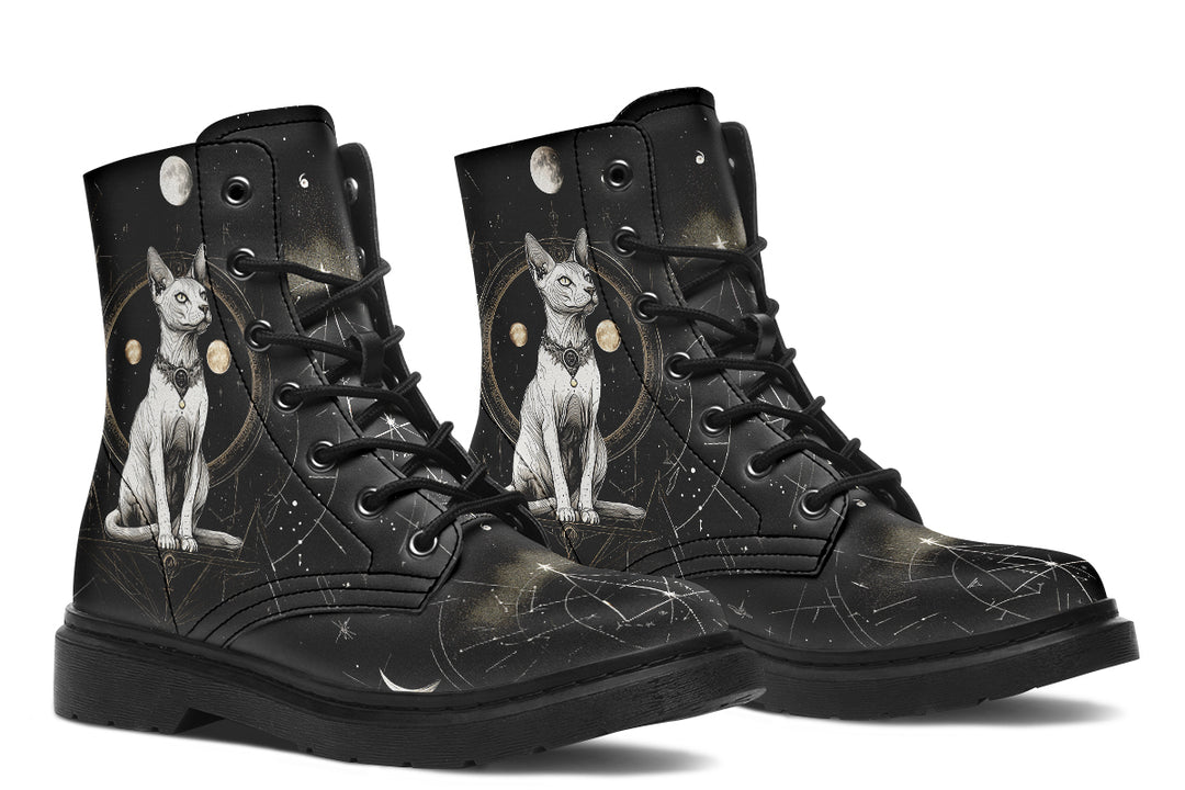 Cosmic Sphynx Cat Boots - Vegan Leather Doc-Style Boots with Durable Stitched on Soles