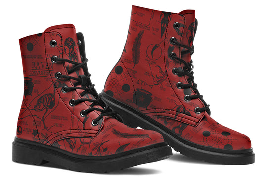 Crimson Raven Study Boots - Vegan Leather Doc-Style Boots with Durable Stitched on Soles