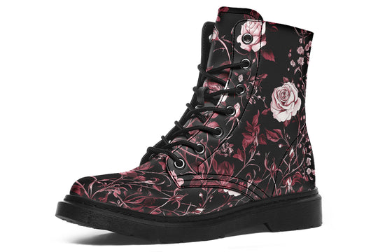 Crimson Rose Romance Boots - Vegan Leather Doc-Style Boots with Durable Stitched on Soles