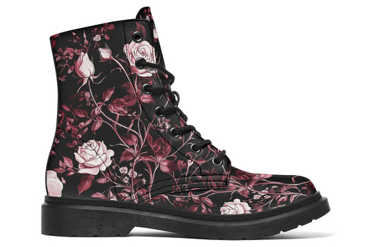 Crimson Rose Romance Boots - Vegan Leather Doc-Style Boots with Durable Stitched on Soles