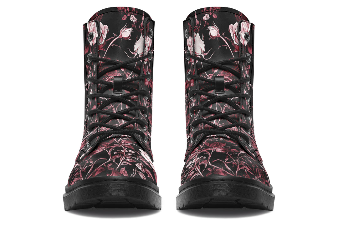 Crimson Rose Romance Boots - Vegan Leather Doc-Style Boots with Durable Stitched on Soles