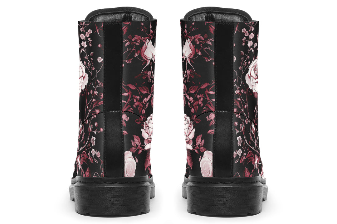 Crimson Rose Romance Boots - Vegan Leather Doc-Style Boots with Durable Stitched on Soles