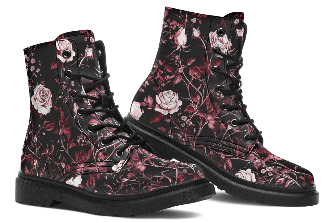 Crimson Rose Romance Boots - Vegan Leather Doc-Style Boots with Durable Stitched on Soles