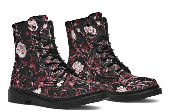 Crimson Rose Romance Boots - Vegan Leather Doc-Style Boots with Durable Stitched on Soles