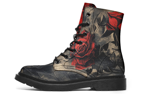 Crimson Thorns Boots - Vegan Leather Doc-Style Boots with Durable Stitched on Soles