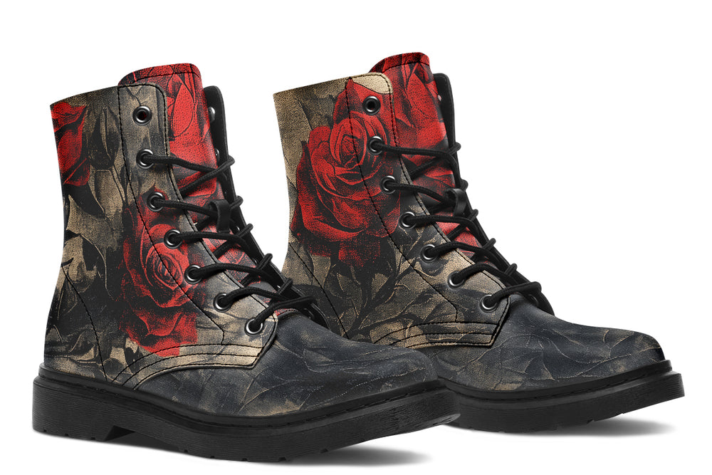 Crimson Thorns Boots - Vegan Leather Doc-Style Boots with Durable Stitched on Soles