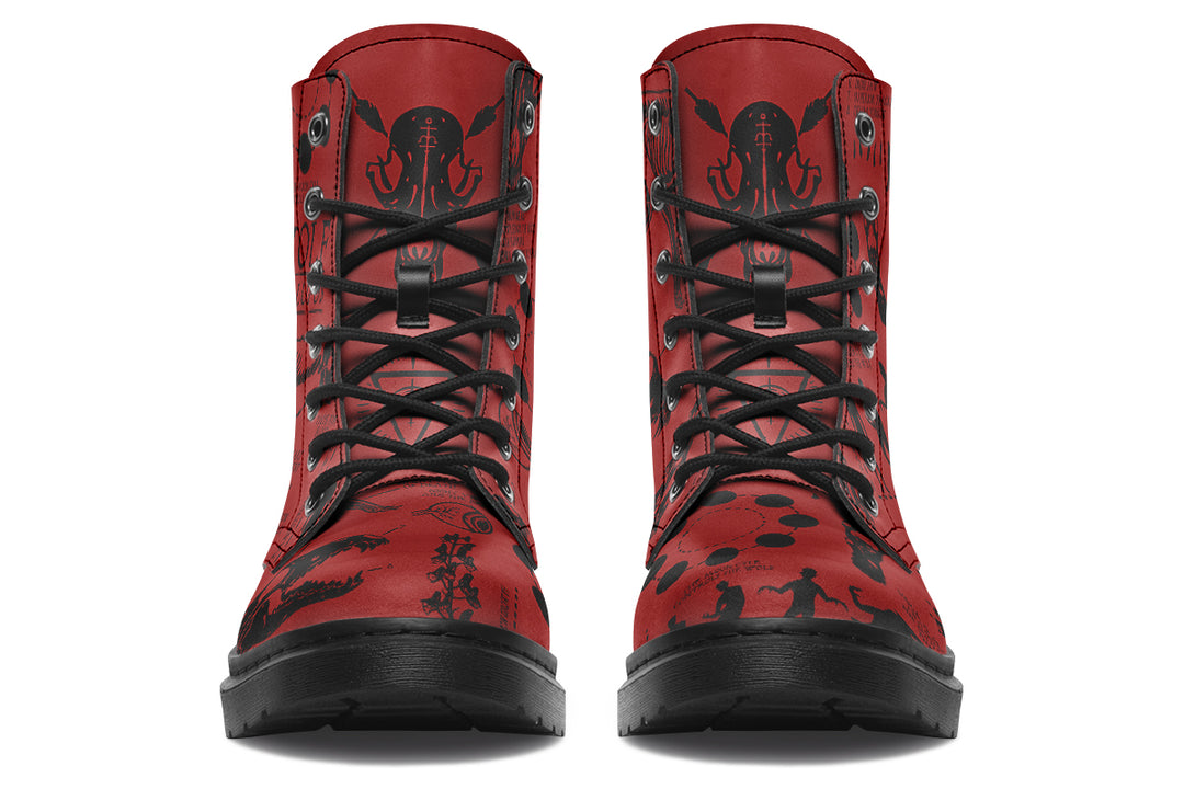 Crimson Wolf Study Boots - Vegan Leather Doc-Style Boots with Durable Stitched on Soles