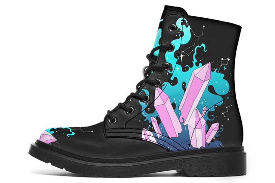 Crystal Sky Boots - Statement Boots Lace-up Black Combat Galaxy Print Vegan Leather Festival Shoes