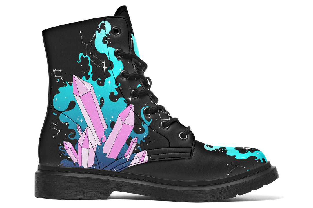 Crystal Sky Boots - Statement Boots Lace-up Black Combat Galaxy Print Vegan Leather Festival Shoes