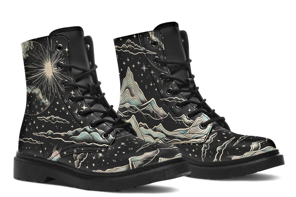 Dawn Star Boots - Galaxy Print Boots Vegan Leather Lace-up Goth Combat Ankle Statement Festival Boots
