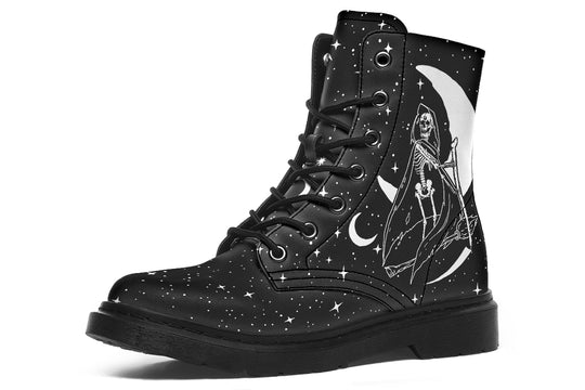 Death Tarot Boots - Vegan Leather Doc-Style Boots with Durable Stitched on Soles