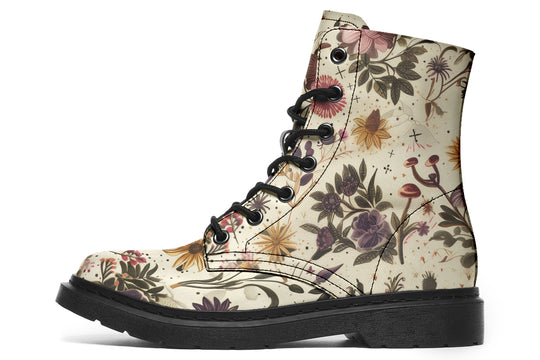 Enchanted Blossoms Boots - Vegan Leather Doc-Style Boots with Durable Stitched on Soles