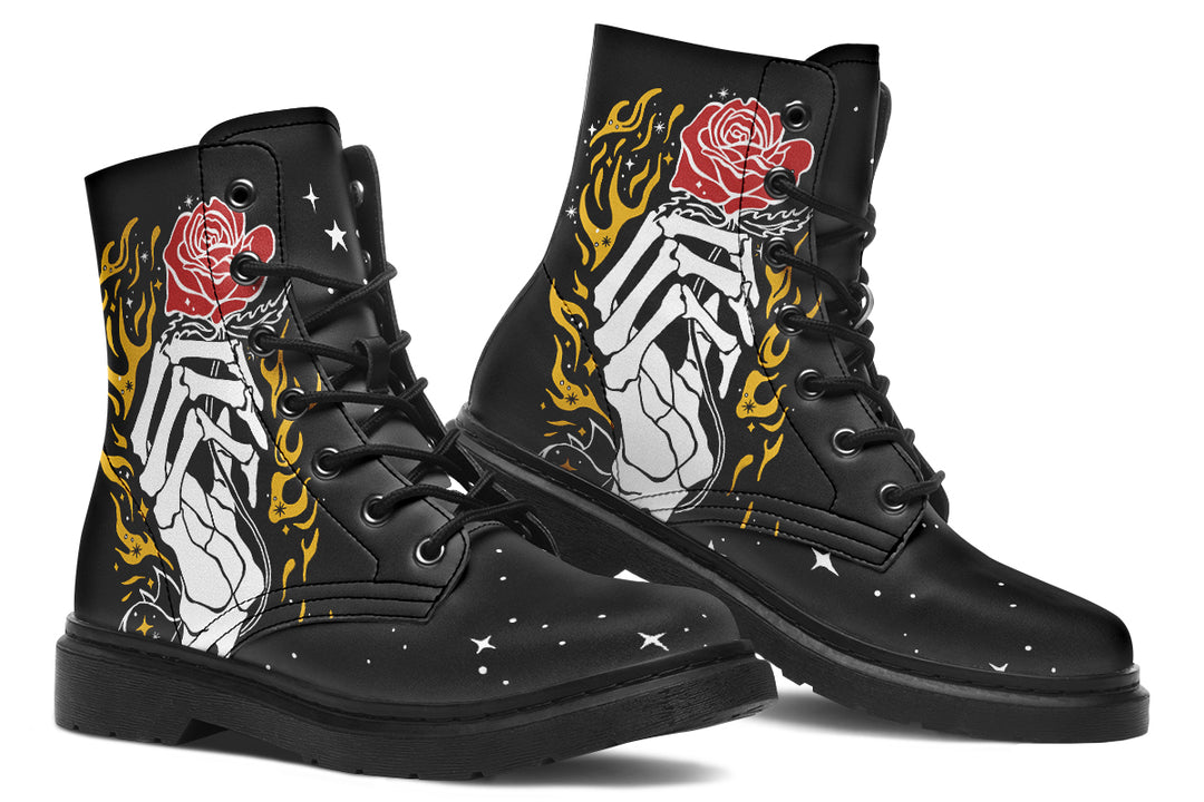 Forever Rose Boots - Vegan Leather Lace-up Black Combat Ankle Statement Festival Cruelty-free Goth
