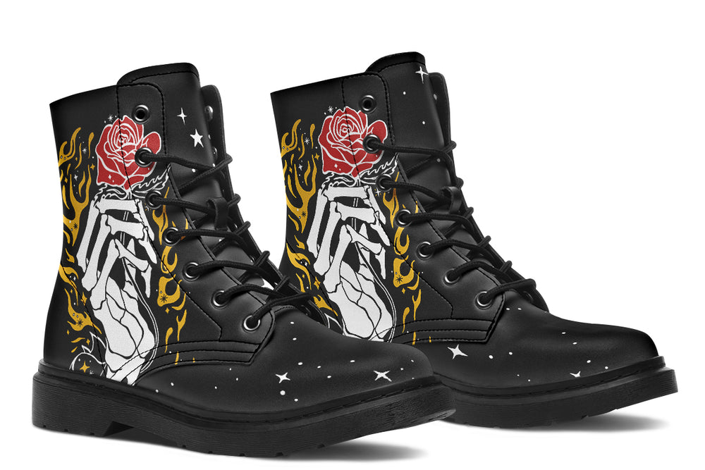 Forever Rose Boots - Vegan Leather Lace-up Black Combat Ankle Statement Festival Cruelty-free Goth