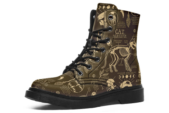 Gold Cat Study Boots - Vegan Leather Doc-Style Boots with Durable Stitched on Soles