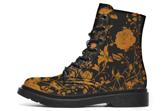 Golden Rose Romance Boots - Vegan Leather Doc-Style Boots with Durable Stitched on Soles