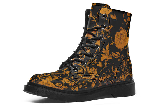 Golden Rose Romance Boots - Vegan Leather Doc-Style Boots with Durable Stitched on Soles