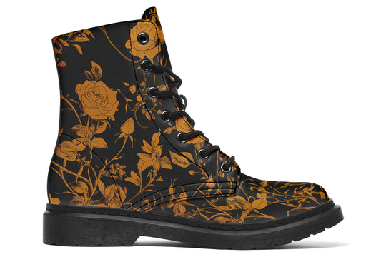 Golden Rose Romance Boots - Vegan Leather Doc-Style Boots with Durable Stitched on Soles