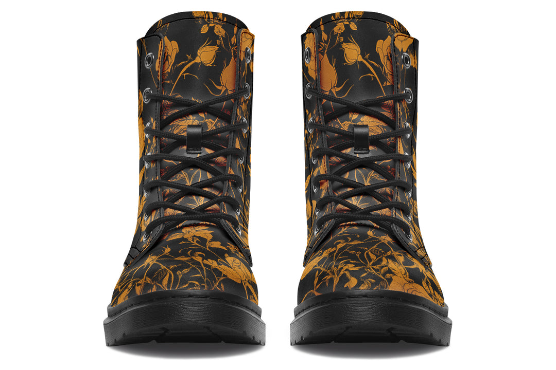 Golden Rose Romance Boots - Vegan Leather Doc-Style Boots with Durable Stitched on Soles