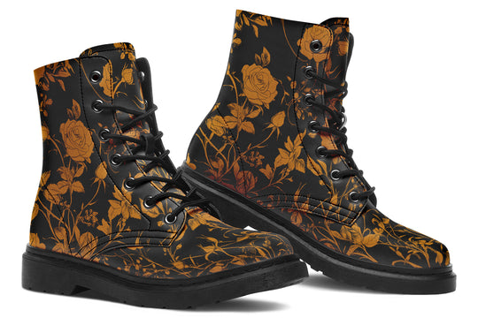 Golden Rose Romance Boots - Vegan Leather Doc-Style Boots with Durable Stitched on Soles