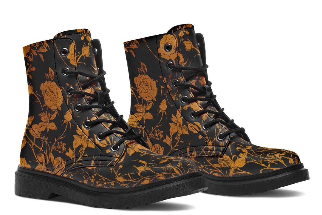 Golden Rose Romance Boots - Vegan Leather Doc-Style Boots with Durable Stitched on Soles