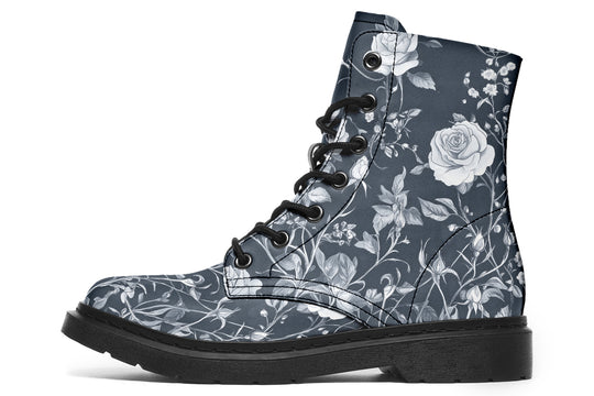 Grey Rose Romance Boots - Vegan Leather Doc-Style Boots with Durable Stitched on Soles