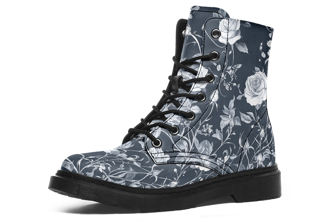 Grey Rose Romance Boots - Vegan Leather Doc-Style Boots with Durable Stitched on Soles