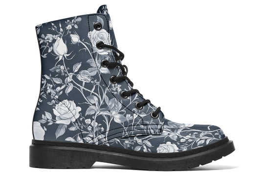 Grey Rose Romance Boots - Vegan Leather Doc-Style Boots with Durable Stitched on Soles