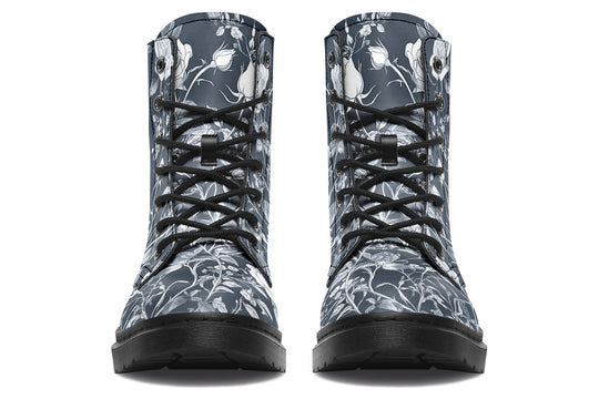 Grey Rose Romance Boots - Vegan Leather Doc-Style Boots with Durable Stitched on Soles