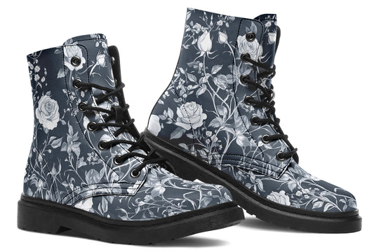 Grey Rose Romance Boots - Vegan Leather Doc-Style Boots with Durable Stitched on Soles