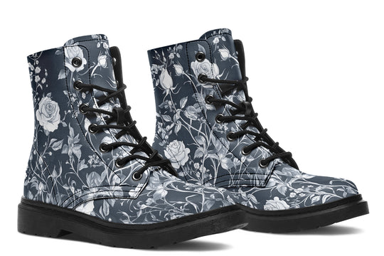 Grey Rose Romance Boots - Vegan Leather Doc-Style Boots with Durable Stitched on Soles