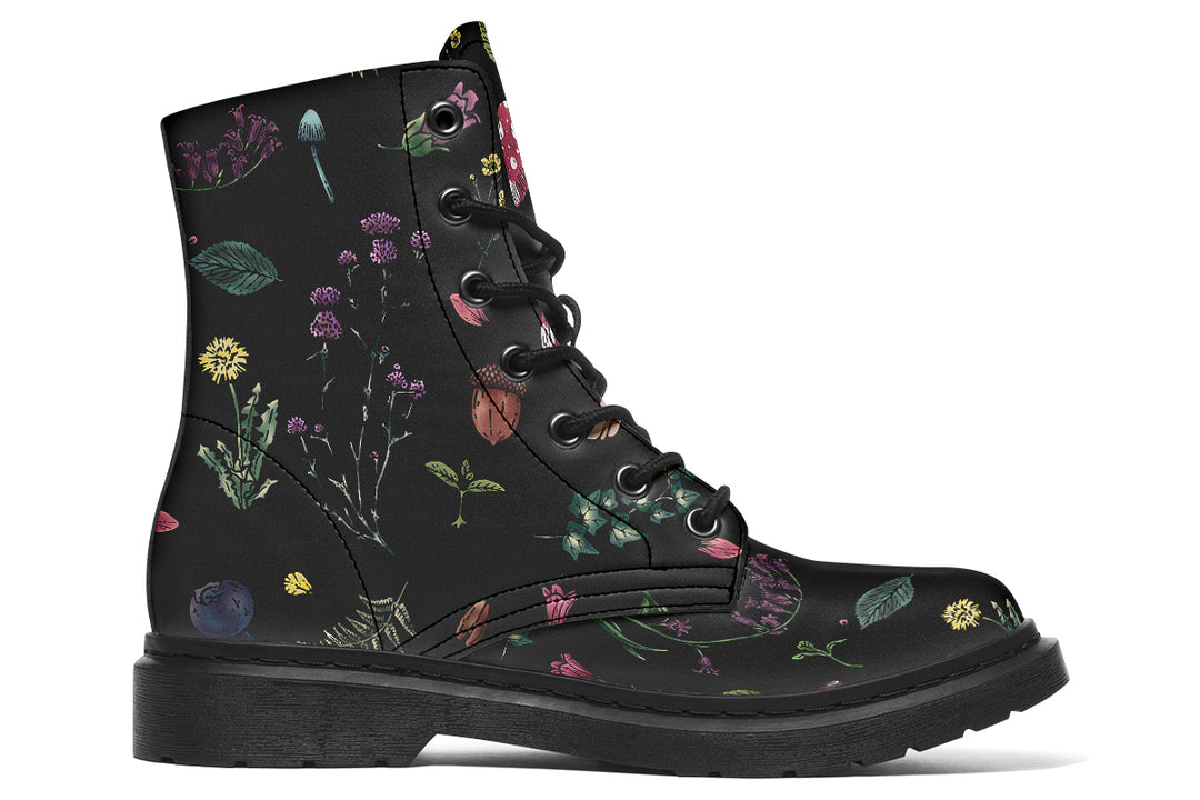 Herbology Boots - Goth Lace-up Vegan Leather Ankle Boots Statement Cruelty-free Festival Floral Print Shoes