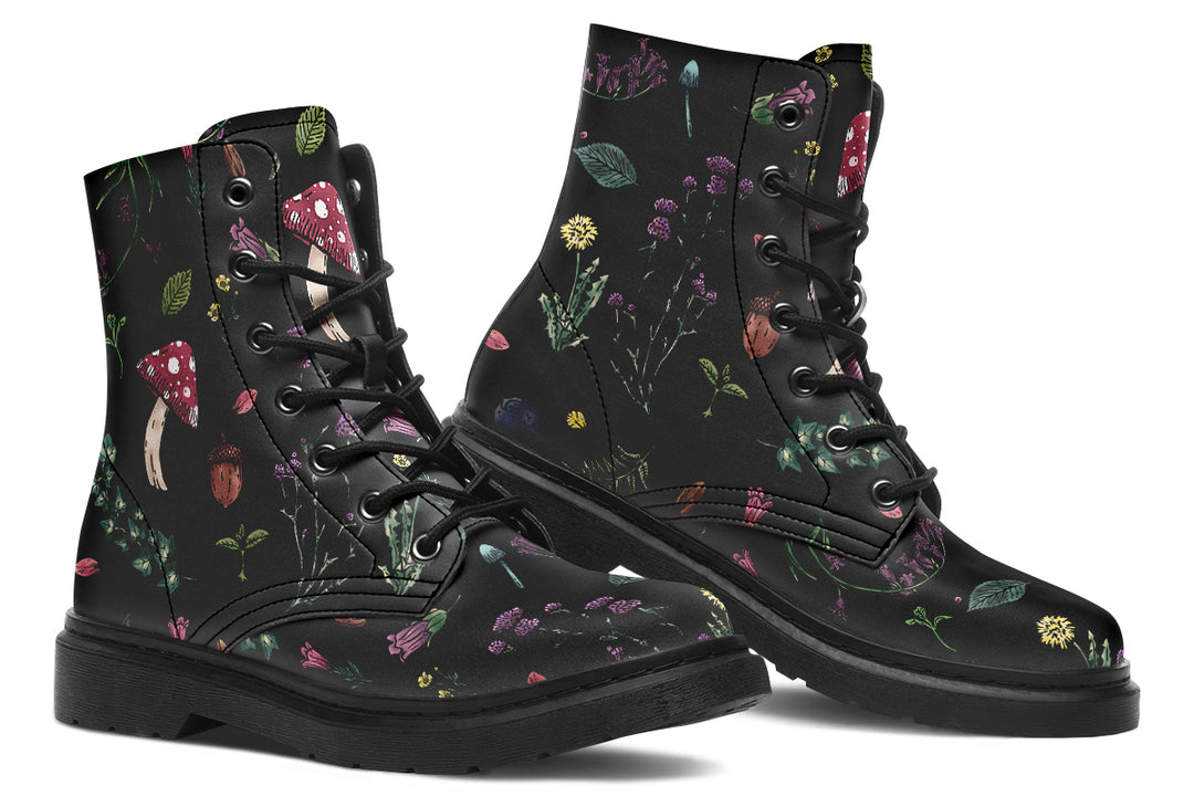 Herbology Boots - Goth Lace-up Vegan Leather Ankle Boots Statement Cruelty-free Festival Floral Print Shoes